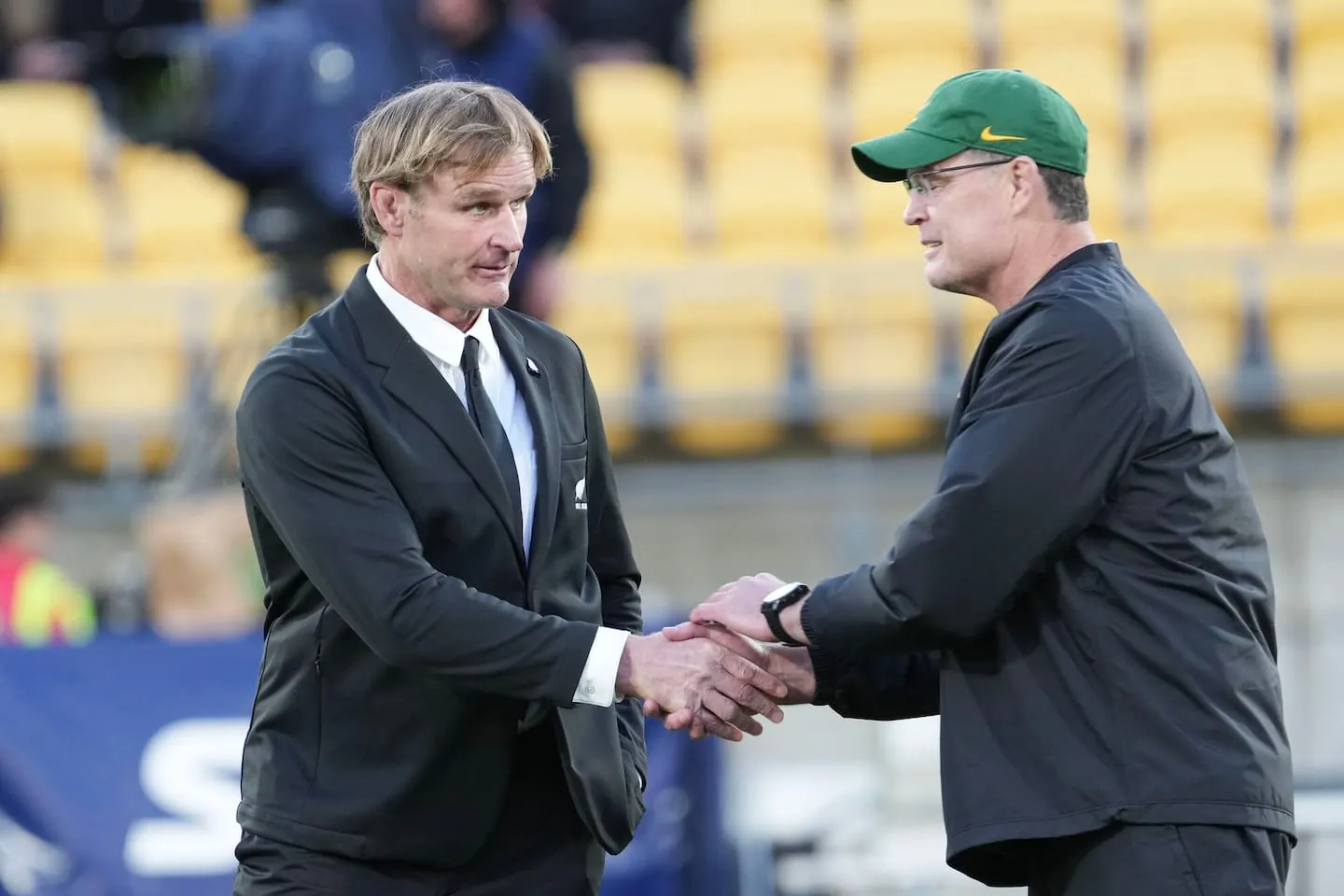 Former All Blacks coach Scott Robertson (left) with Springboks coach Rassie Erasmus in Wellington last year. Photo / Photosport