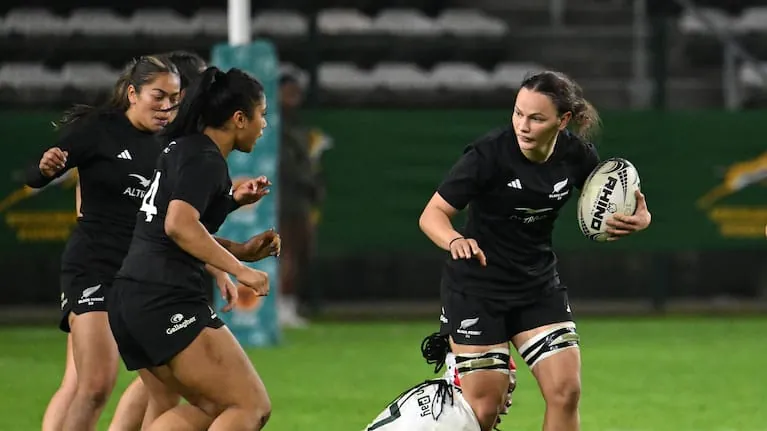 Elinor Plum King of Black Ferns is tackled by Sinazo Mcatshulwa of South Africa during the 2025 Ladies Rugby International Friendly between South Africa and Black Ferns at Athlone Stadium in Cape Town on August 2, 2025.